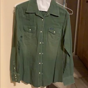 Wrangler pearl snap olive denim shirt